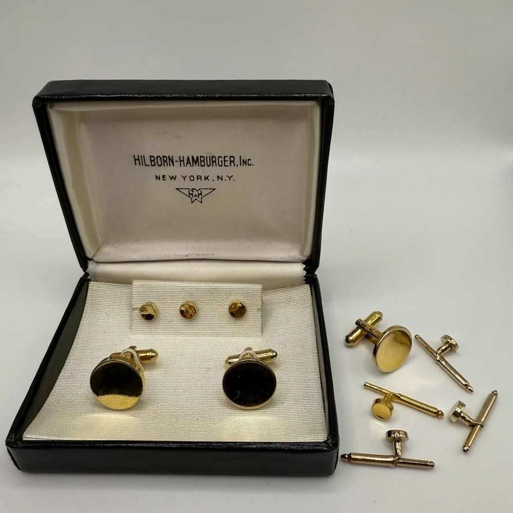 Vintage Hilborn-Hamburger Gold Tone Cufflinks & Shirt Stud Set in Original Box